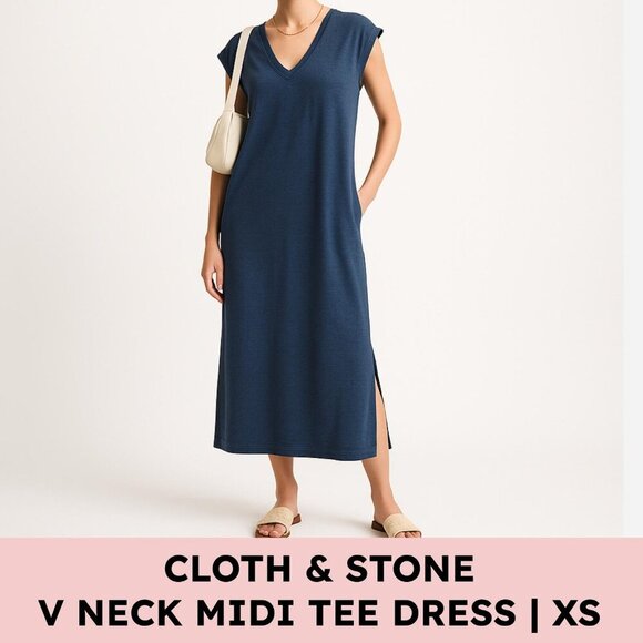 cloth & stone Dresses & Skirts - Cloth & Stone Cotton V-Neck Midi Tee Dress Side Slits XS Indigo Blue